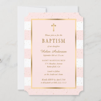 Modern Pink Gold Cross Stars Girl Baptism Invitation