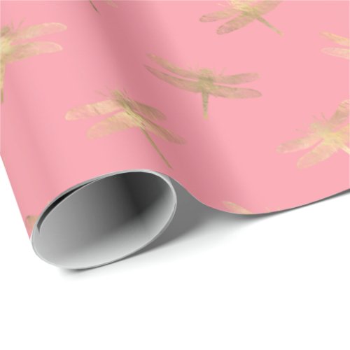 Modern Pink Gold Dragonfly Pattern Wrapping Paper