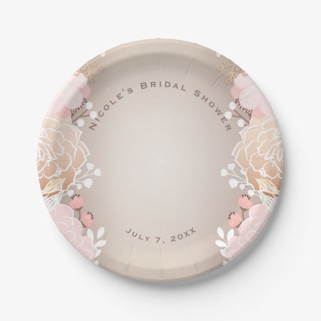 Modern Pink & Gold Floral Bridal Shower Any Event Paper Plates (Front)