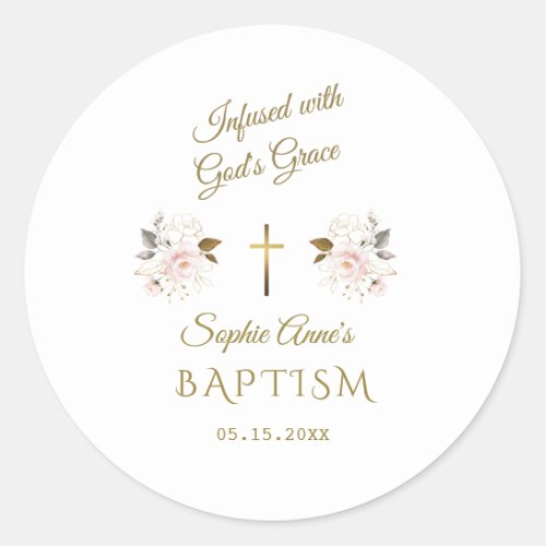 Modern Pink Gold Floral Calligraphy Girl Baptism Classic Round Sticker
