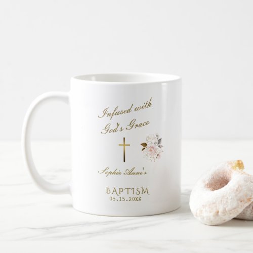 Modern Pink Gold Floral Calligraphy Girl Baptism Coffee Mug