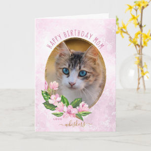 Modern Pink Gold Floral Wreath Cat Photo Birthday Card