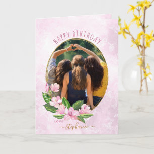 Modern Pink Gold Floral Wreath Photo Birthday Card