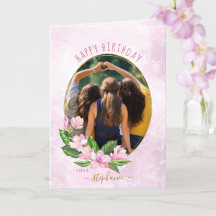 Modern Pink Gold Floral Wreath Photo Birthday Card