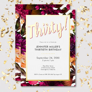 Modern Pink & Gold Foil Floral 30th Birthday Invitation