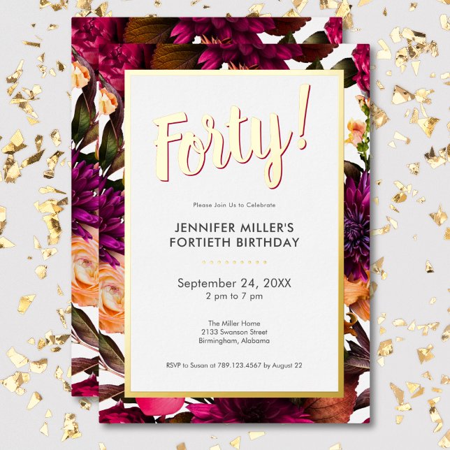 Modern Pink & Gold Foil Floral 40th Birthday Foil Invitation (Modern Pink & Gold Foil Floral 40th Birthday Foil Invitation)