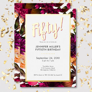 Modern Pink & Gold Foil Floral 50th Birthday Foil Invitation