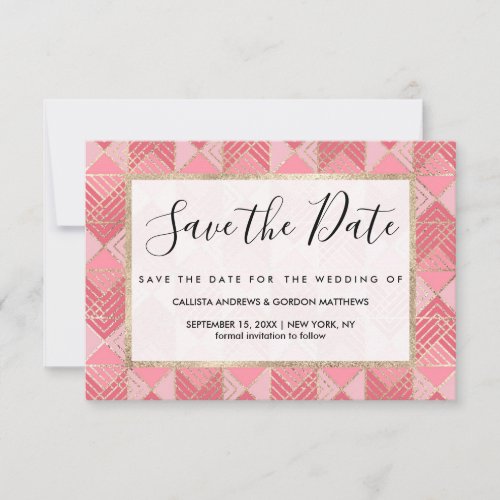 Modern Pink Gold Geometric Triangle Stripe Pattern Save The Date