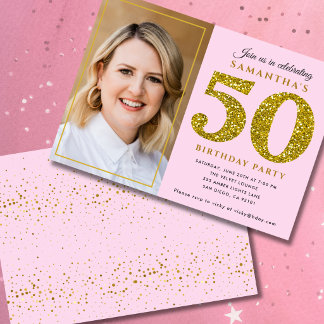 Modern Pink Gold Glitter 50th Birthday Photo Invitation
