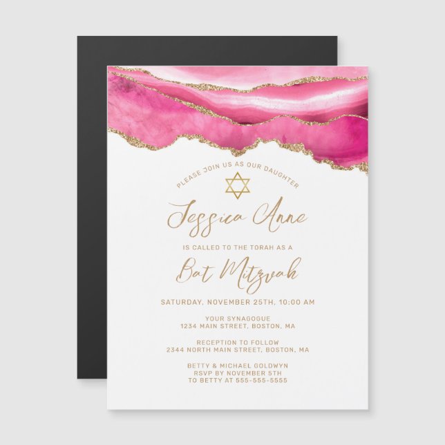 Modern Pink Gold Glitter Agate Bat Mitzvah Invite (Front/Back)