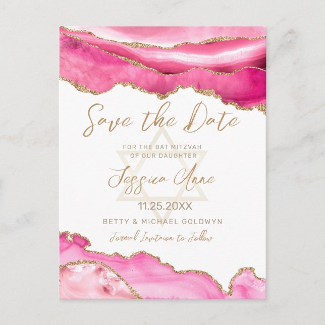 Modern Pink Gold Glitter Agate Bat Mitzvah Save Th Announcement Postcard (Front)