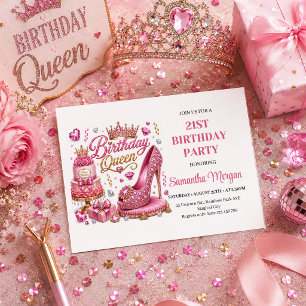 Modern Pink Gold Glitter Birthday Queen Party Invi Invitation