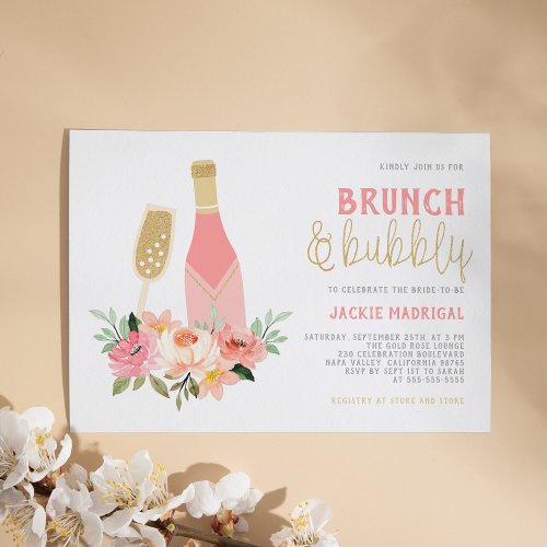 Modern Pink  Gold Glitter Bridal Brunch  Bubbly Invitation