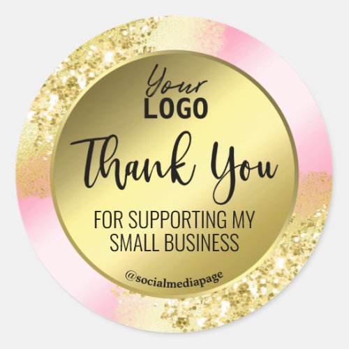 Modern Pink Gold Glitter Ink Thank You Logo Classic Round Sticker