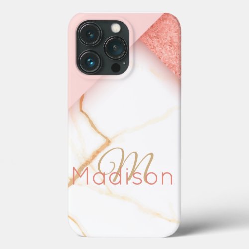 Modern Pink Gold Glitter Marble Monogram Name iPhone 13 Pro Case