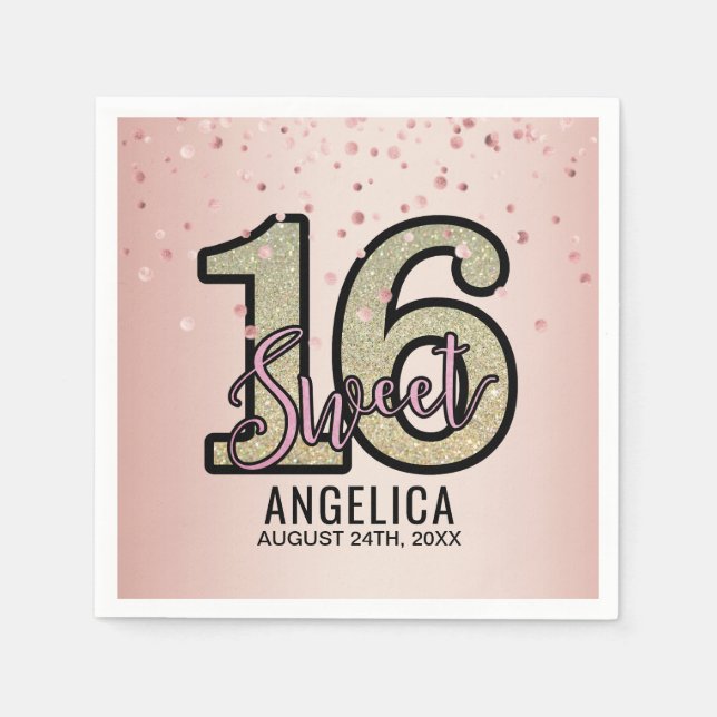 Modern Pink Gold Glitter Sweet 16 Sixteen Birthday Napkins (Front)