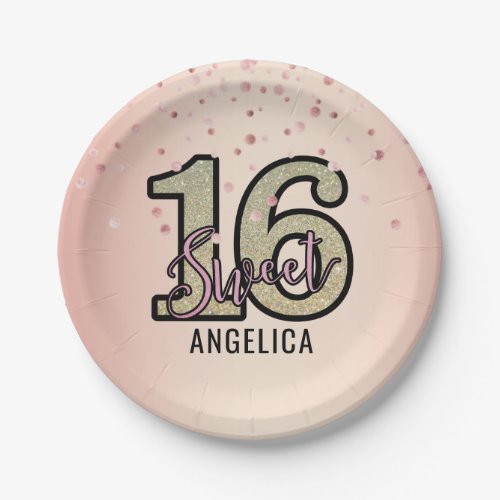 Modern Pink Gold Glitter Sweet 16 Sixteen Birthday Paper Plates