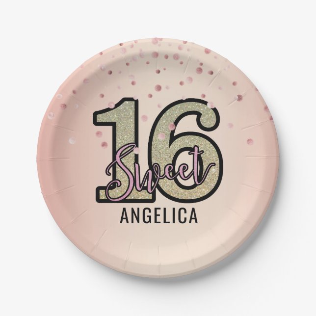 Modern Pink Gold Glitter Sweet 16 Sixteen Birthday Paper Plates (Front)