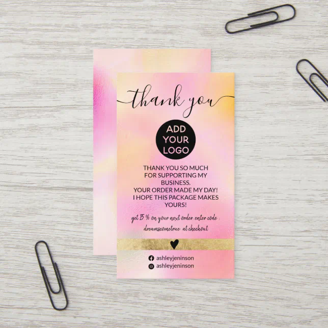 Modern pink gold gradient logo order thank you business card | Zazzle