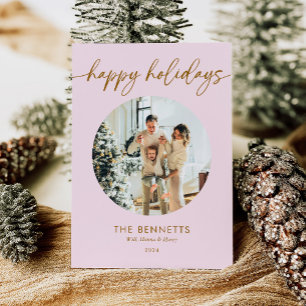 Modern Pink & Gold Happy Holidays Photo Holiday Card