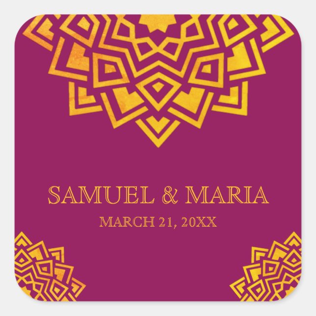 Modern Pink Gold Mandala Indian Wedding Favor Square Sticker (Front)