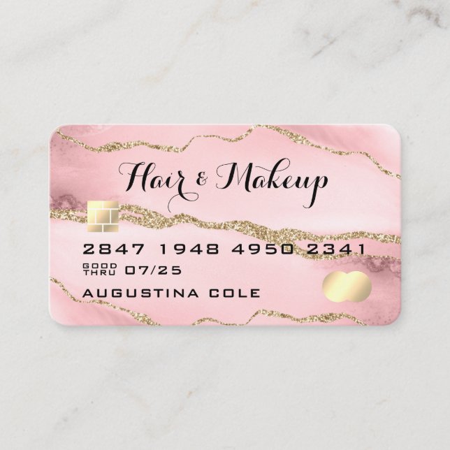 Modern Pink Gold Marble Agate Faux Credit Card (Front)