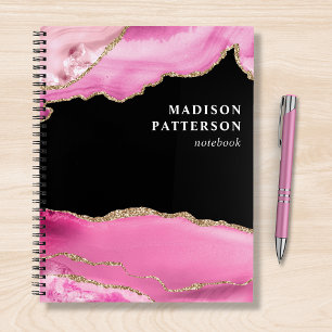Modern Pink Gold Marble Girly Chic Name Notebook