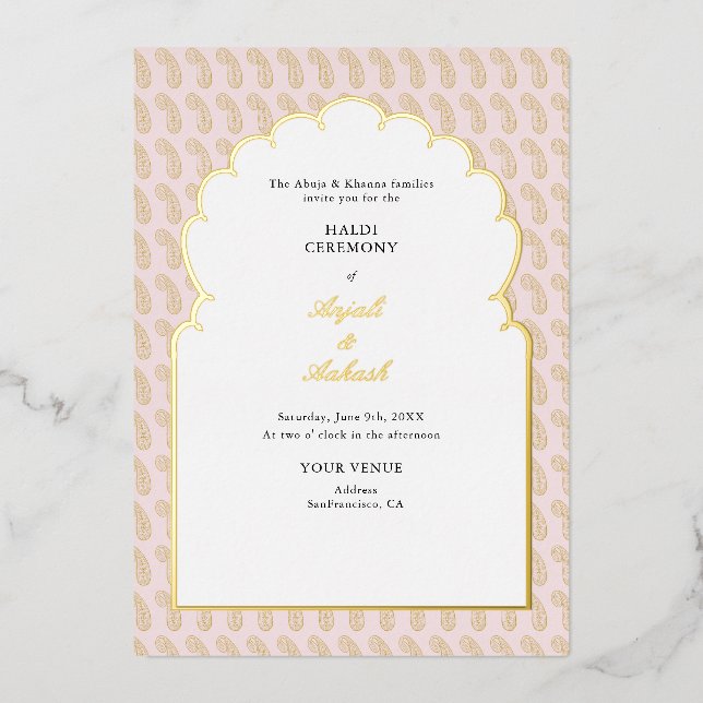 Modern Pink & Gold Mehendi Ceremony Indian Foil Invitation (Front)