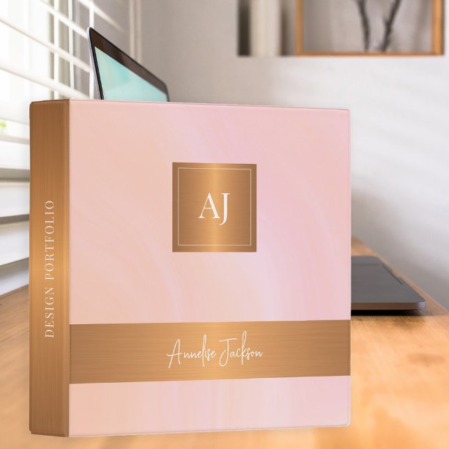 Modern pink gold monogrammed artist portfolio 3 ring binder (Creator Uploaded)