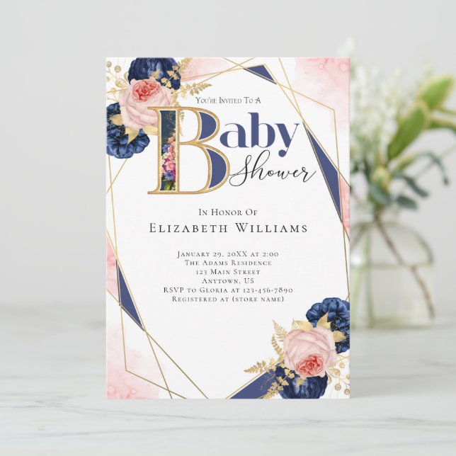 Modern Pink Gold Navy Blue Flower Girl Baby Shower Invitation (Standing Front)