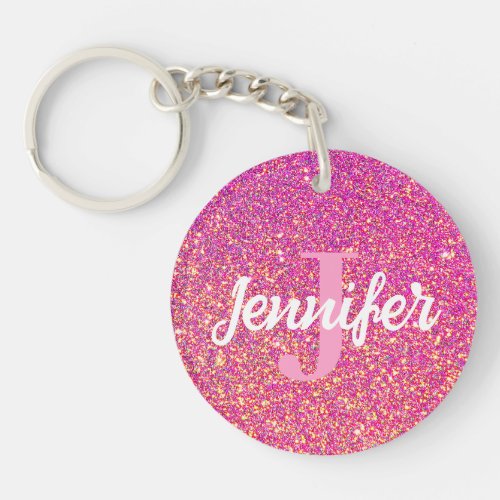 Modern Pink Gold Ombre Glitter Monogram Name Keychain