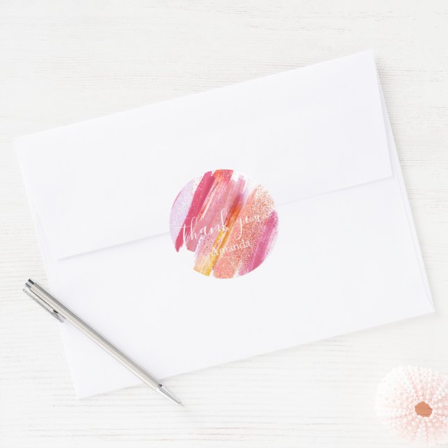 Modern Pink & Gold Painted Personalized Thank You Classic Round Sticker (Envelope)