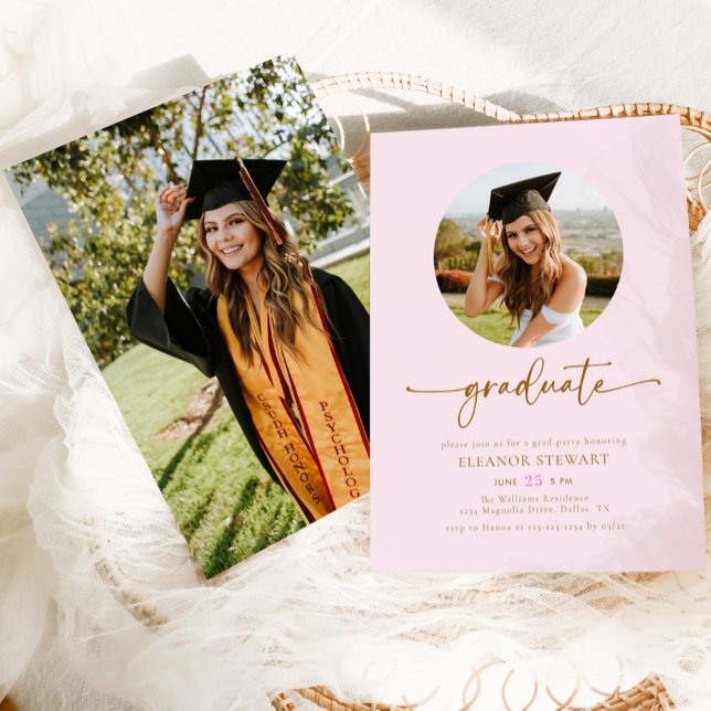 Modern Pink & Gold Photo Graduate Graduation Party Invitation (Creator Uploaded)