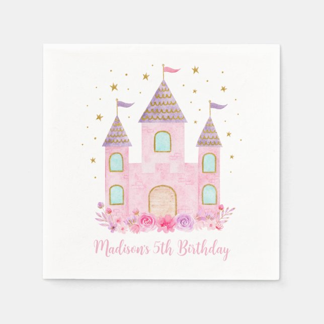 Modern Pink Gold Princess Castle Birthday Napkins (Front)