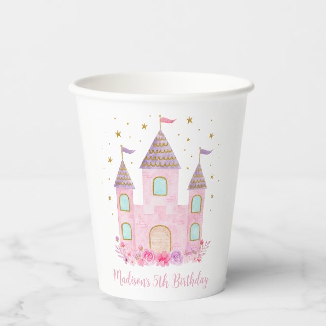Modern Pink Gold Princess Castle Birthday Paper Cups (Front)