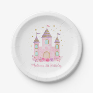Modern Pink Gold Princess Castle Birthday Paper Plates