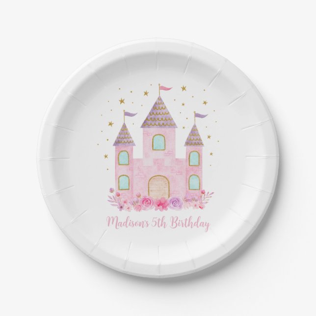 Modern Pink Gold Princess Castle Birthday Paper Plates (Front)