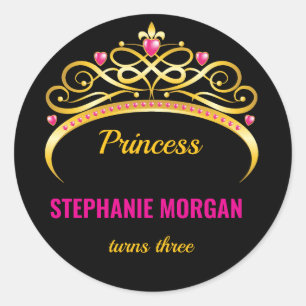 Modern Pink Gold Princess Crown Birthday Party Classic Round Sticker