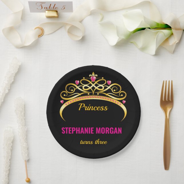 Modern Pink Gold Princess Crown Birthday Party Paper Plates (Wedding)