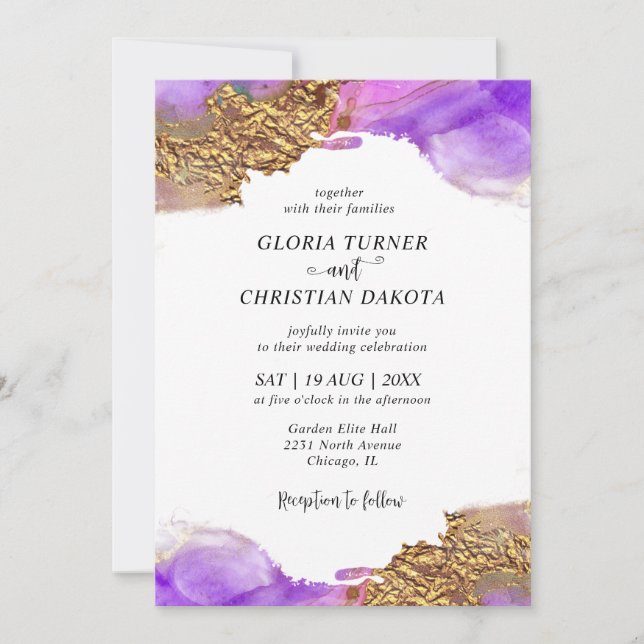 Modern Pink Gold Purple Ink Wedding Invitation (Front)