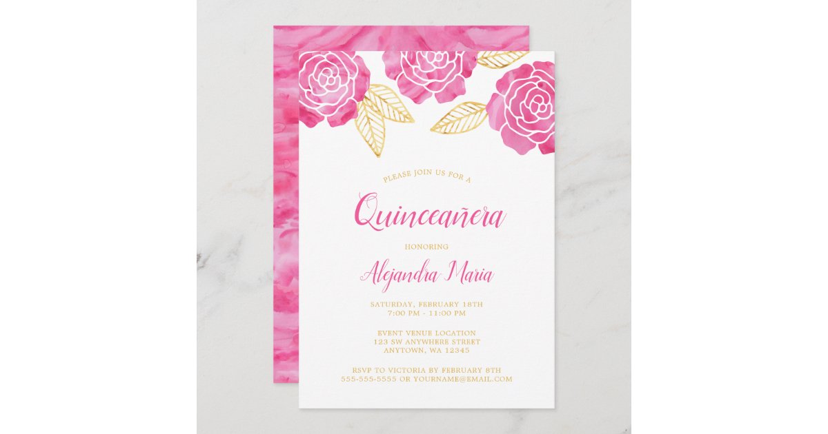 Elegant Blue Dress Quinceanera Invitations With Gold Personalized - Modern  Pink Paper