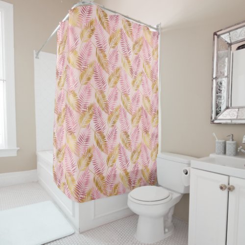 Modern Pink Gold Tropical Botanical Palm Leaf Shower Curtain