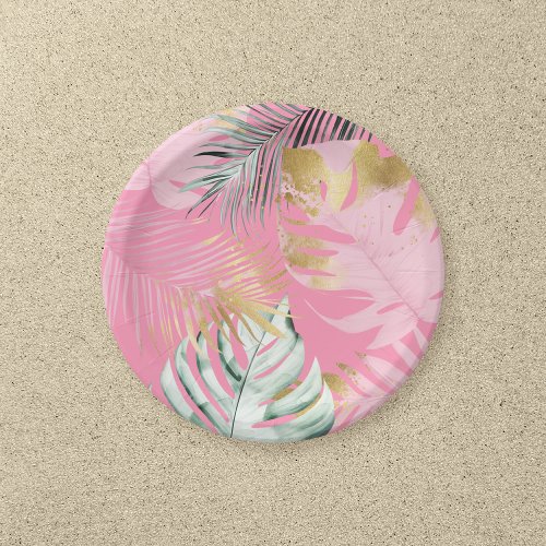 Modern Pink  Gold Tropical Leaves Birthday Party Paper Plates