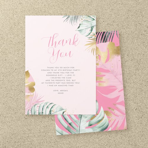 Modern Pink  Gold Tropical Leaves Birthday Thank You Card