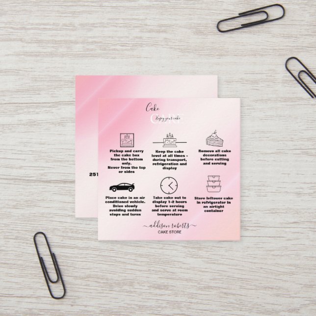 Modern Pink Gold Watercolor Cake Care  Square Business Card (Front/Back In Situ)