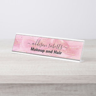 Modern Pink Gold Watercolor Desk Name Plate