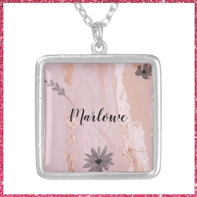 Modern Pink Gold Watercolor Floral Silver Plated Necklace (Creator Uploaded)