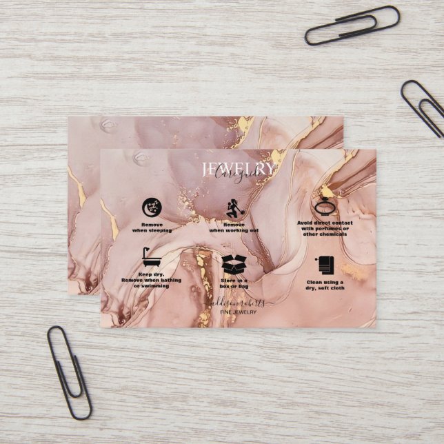Modern Pink Gold Watercolor Jewelry Care  Business Business Card (Front/Back In Situ)