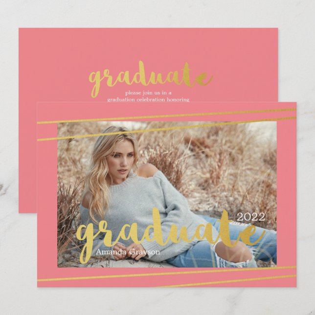 Modern Pink, Gold, & White Graduate Invitations (Front/Back)
