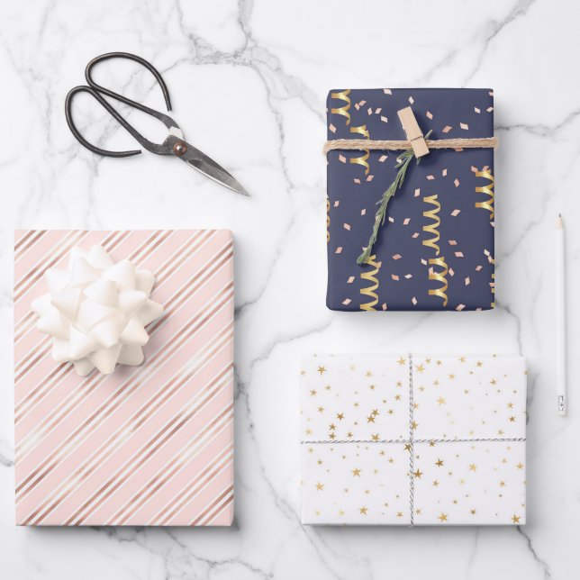 Modern Pink Gold White Navy Girly Wrapping Paper Sheets (Front)
